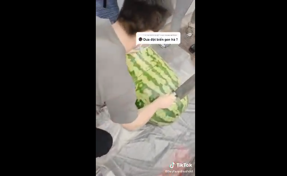 Sau một hồi chật vật, cuối cùng quả dưa hấu cũng được bổ đôi, tất cả mọi người ở đó ai cũng hồi hộp chờ đợi.