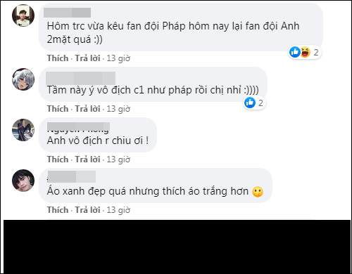 Một số cư dân mạng lại cho rằng Lê Bống "hai mặt" khi trước đó là đại diện cho đội tuyển Pháp, nhưng giờ lại đổi thành đội tuyển Anh: "Hôm trước vừa kêu fan đội Pháp, hôm nay lại fan đội Anh, hai mặt quá".