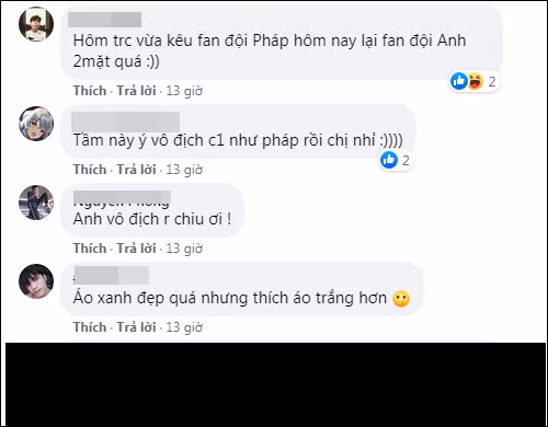 Một số cư dân mạng lại cho rằng Lê Bống "hai mặt" khi trước đó là đại diện cho đội tuyển Pháp, nhưng giờ lại đổi thành đội tuyển Anh: "Hôm trước vừa kêu fan đội Pháp, hôm nay lại fan đội Anh, hai mặt quá".