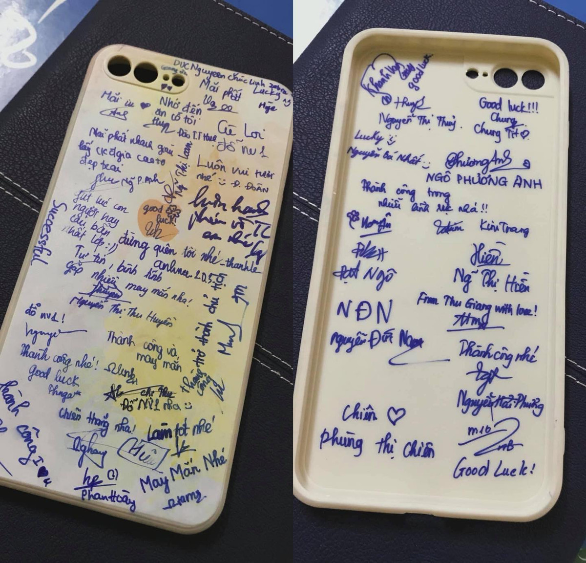 Thay vì ký trên áo, học sinh thời nay còn nghĩ ra nhiều ý tưởng ký lưu bút hơn, đó là việc ký trên những chiếc ốp điện thoại. Ảnh: Facebook