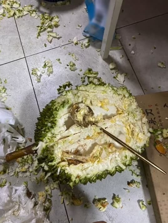 Vỏ trái sầu riêng bị "chém" nát tươm, sau đó chàng trai phải dùng thìa moi ruột bên trong để ăn.