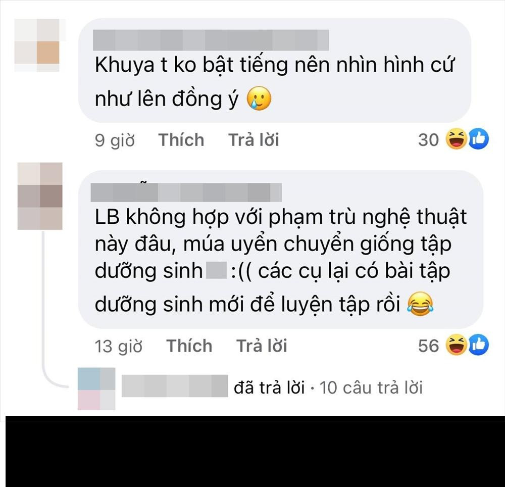 “Lê Bống sẽ rất tuyệt vời nếu như tôi chưa từng xem TikTok của chị”, “Sao không mời hẳn nghệ sĩ múa lại mời TikToker?”, "Lê Bống không phù hợp với phạm trù nghệ thuật này đâu",...là những bình luận của netizen.