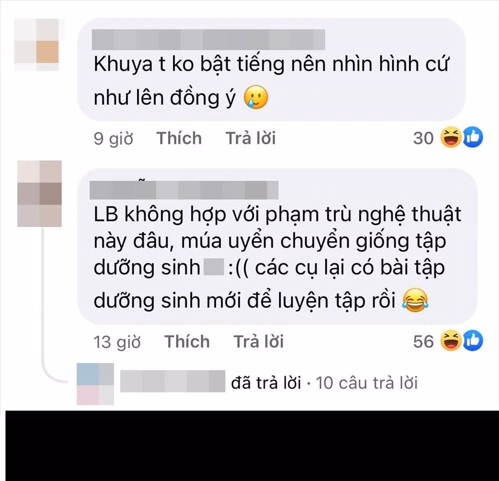 “Lê Bống sẽ rất tuyệt vời nếu như tôi chưa từng xem TikTok của chị”, “Sao không mời hẳn nghệ sĩ múa lại mời TikToker?”, "Lê Bống không phù hợp với phạm trù nghệ thuật này đâu",...là những bình luận của netizen.