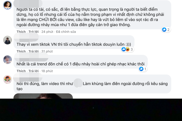 "Người ta có tài, có sắc, đi lên bằng thực lực, quan trọng là người ta biết điểm dừng, họ có lố nhưng cái lố của họ nằm trong phạm vi nhất định chứ không phải là lên mạng chửi bới câu view, câu like hay là vứt bỏ liêm sỉ vào sọt rác đi ra ngoài đường nhảy múa như 1 đứa điên gây cản trở giao thông" - một ý kiến của tài khoản P.H nhận được khá nhiều đồng tình.