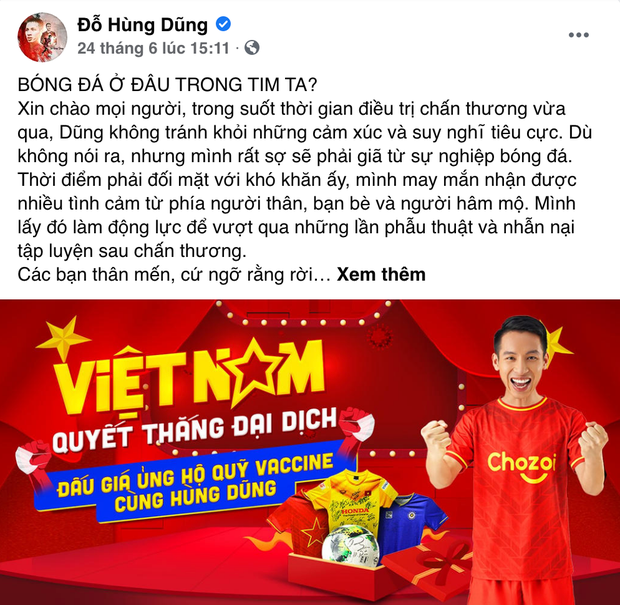 Trên trang cá nhân của mình, cầu thủ Đỗ Hùng Dũng cũng đăng tải bài viết, toàn bộ số tiền đấu giá được cam kết sẽ chuyển đến Quỹ Vaccine phòng chống COVID-19 của Chính phủ.