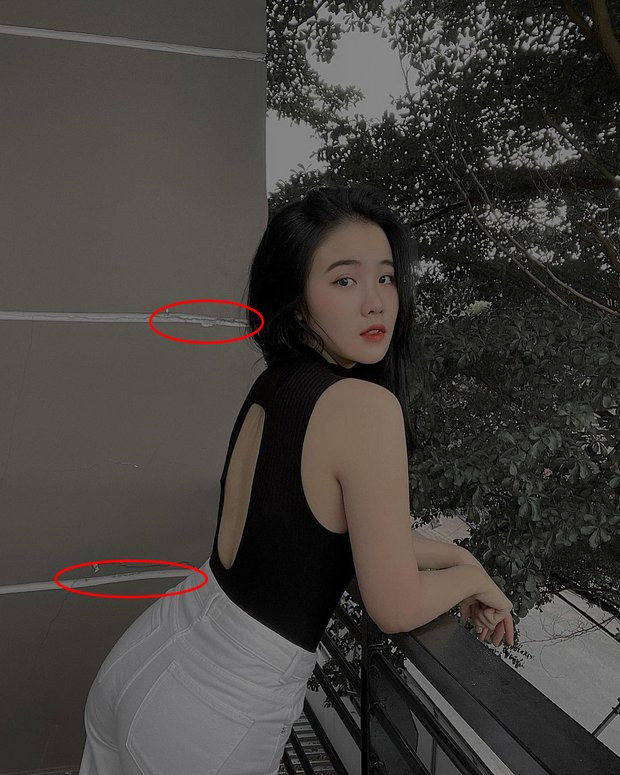 Theo đó, các "thánh soi" đã chỉ ra những chi tiết được cho là cô nàng sử dụng app chỉnh ảnh để bóp eo thon gọn.