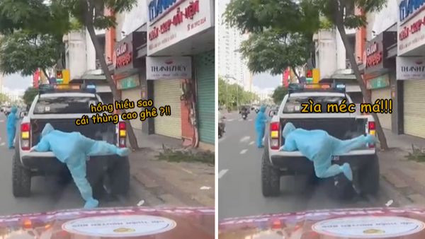 Sự đáng yêu của nữ tình nguyện viên chống dịch này chinh là chiều cao khiêm tốn của cô, vì thềm xe quá cao nên cô gái đã phải chật vật mãi mới leo lên được.