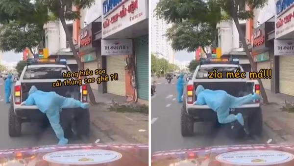 Sự đáng yêu của nữ tình nguyện viên chống dịch này chinh là chiều cao khiêm tốn của cô, vì thềm xe quá cao nên cô gái đã phải chật vật mãi mới leo lên được.