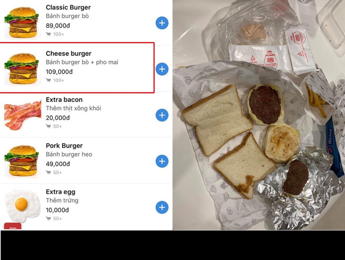 Bánh burger trên hình ảnh mạng và ngoài đời thực sao khác nhau đến thế! Ảnh: Tổng hợp