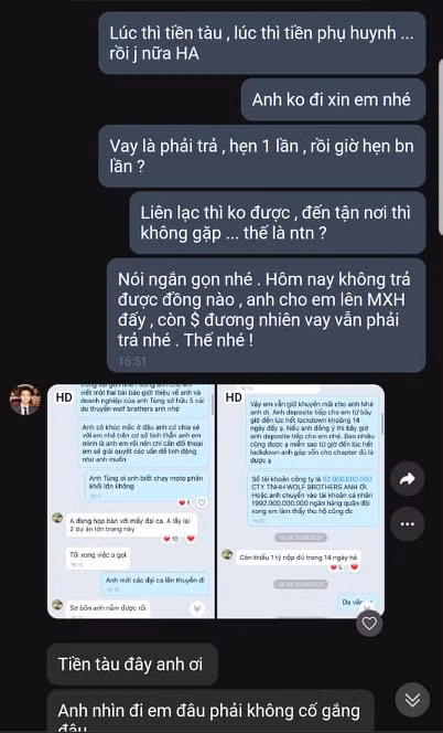 Đính kèm giấy nợ, trên MXH còn xuất hiện đoạn tin nhắn minh chứng việc diễn viên Huỳnh Anh nợ tiền. Dù đã được nhắn tin đòi nợ nhưng chàng diễn viên không trả, khẳng định sẽ trả sau nếu có tiền.