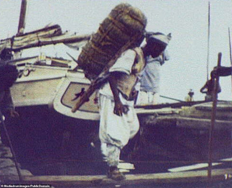 Công nhân khuân vác đồ tại bến cảng.