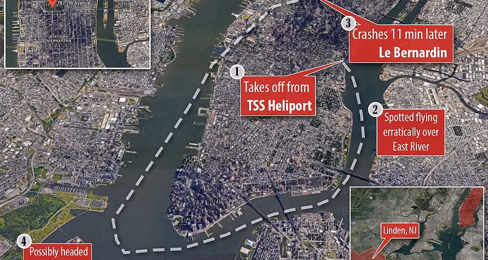 Theo Daily Mail, vụ trực thăng đâm nóc nhà cao tầng xảy ra tại trung tâm Manhattan, New York, Mỹ, vào khoảng 14 giờ chiều 10/6 (giờ địa phương). (Nguồn ảnh: Daily Mail) 