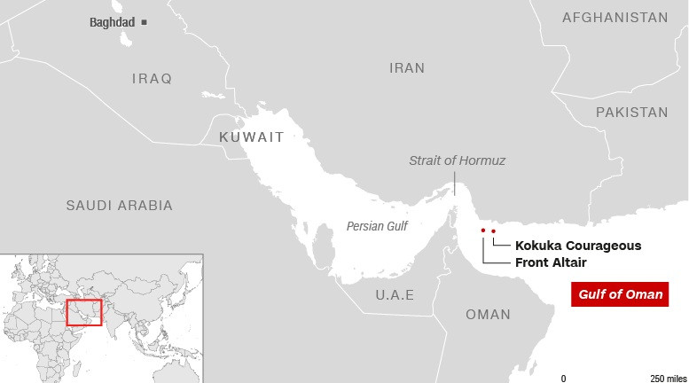 Như tin tức đã đưa, ngày 13/6, hai tàu chở dầu bị tấn công trên Vịnh Oman ở ngoài khơi bờ biển Các Tiểu vương quốc Ả Rập Thống nhất (UAE), gần eo biển chiến lược Hormuz. Ảnh: CNN.