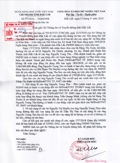 Thong tin chinh thuc vu Thanh tra ngan hang NN bi to bao ke vay lai