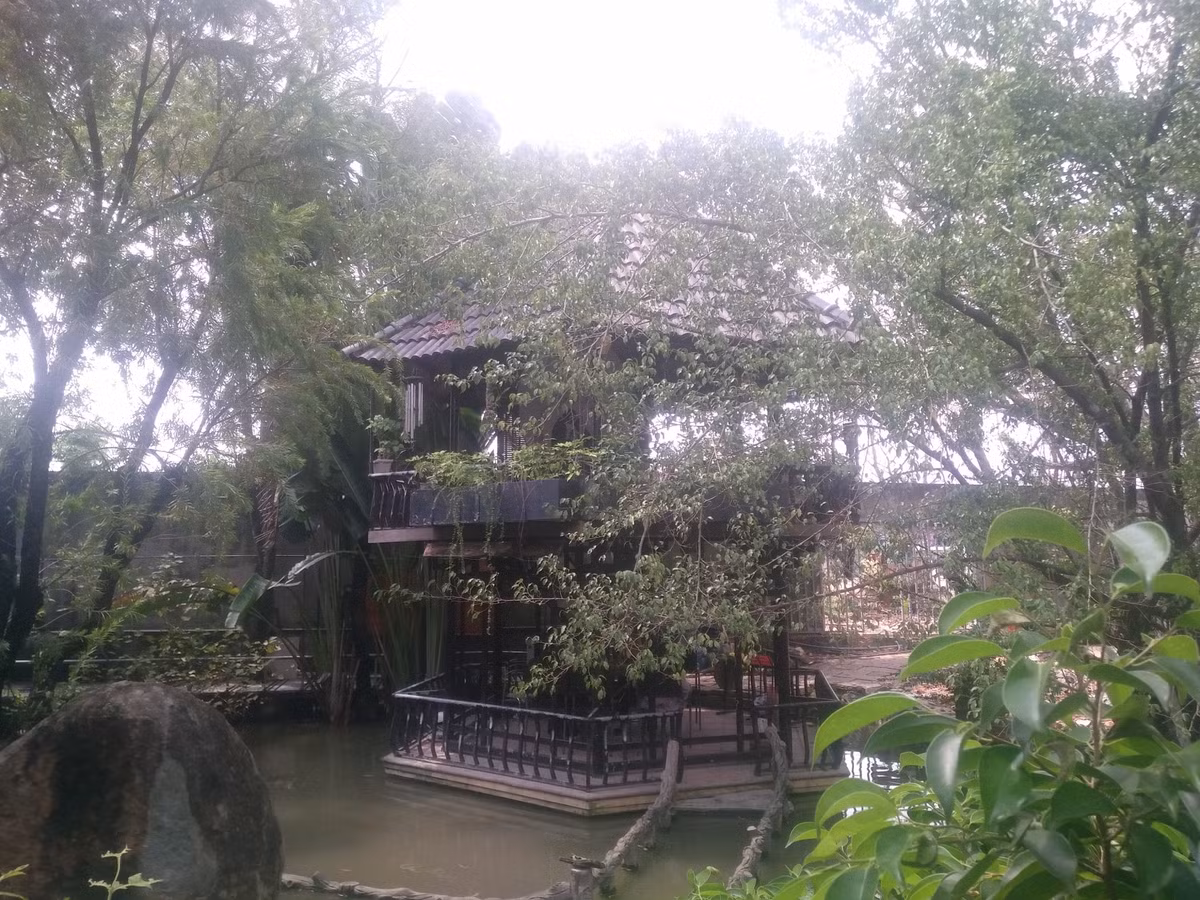 Vọng uống trà được thiết kế bằng gỗ nằm cạnh bên hồ nước tạo nên một bức tranh trữ tình, như chốn bồng lai tiên cảnh. 