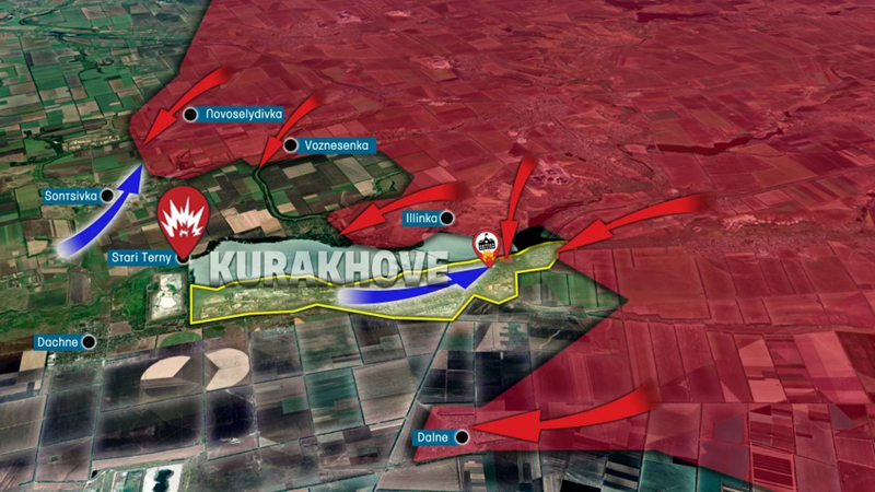 Ở phía bắc thành phố Kurakhove, sau khi Quân đội Nga chiếm được làng Berestky, họ đã nhanh chóng tiến về phía tây theo tuyến đường qua hồ đến làng Staryi Terny và hiện chỉ còn cách làng này chưa đầy 2 km. Tiến công của quân Nga nhanh đến mức vượt cả tốc độ rút lui của quân Ukraine ở phía bắc, buộc phải gấp rút điều thêm 3 tiểu đoàn để chặn đường tiến của quân Nga nhằm làm chậm lại đà tiến công. Ảnh: Espreso.tv.