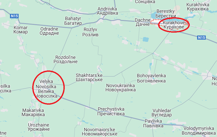 Trong khi Quân đội Nga tiến hành các cuộc oanh tạc quy mô lớn, lực lượng mặt đất của Nga đang dốc toàn lực tấn công tại khu vực nam Donbas, chủ yếu trên tuyến Kurakhove đến Velyka Novosilka. Ảnh: Google Map.