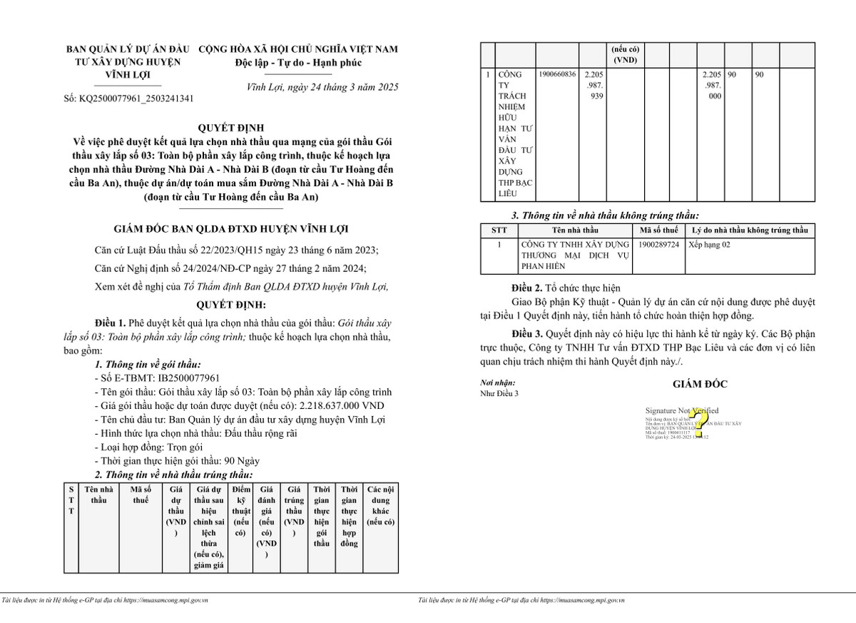 1 ngay trung 2 goi thau, Cty THP Bac Lieu co nang luc the nao?