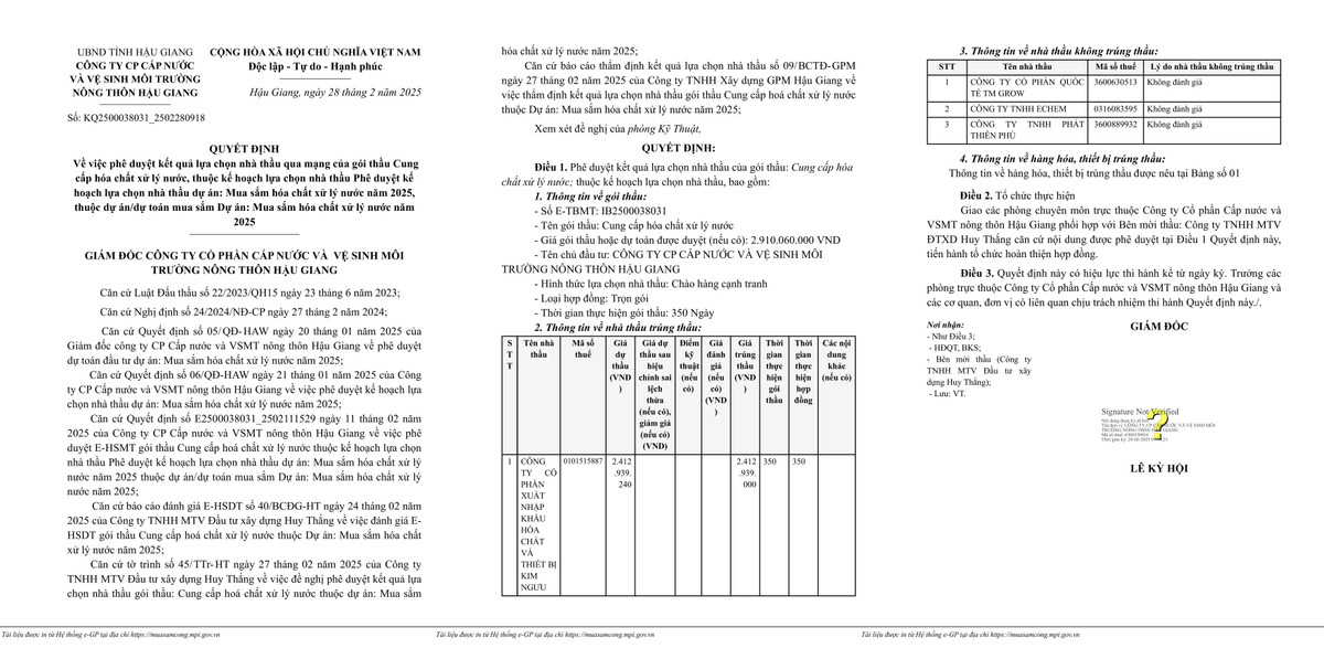 Hậu Giang: Năng lực nhà thầu trúng gói cung cấp hóa chất xử lý nước Hau Giang: Nang luc nha thau trung goi cung cap hoa chat xu ly nuoc