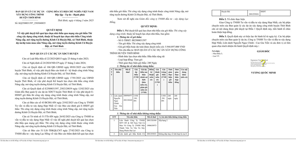 Cà Mau: 2 gói thầu xây dựng tại Thới Bình về tay Cty Cao Gia Tiến Ca Mau: 2 goi thau xay dung tai Thoi Binh ve tay Cty Cao Gia Tien