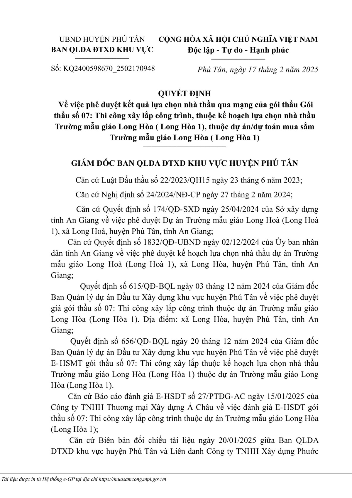 An Giang: Lien danh 2 nha thau se thi cong truong mau giao Long Hoa