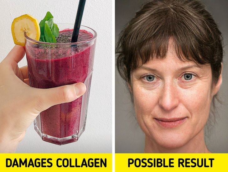 2. Sinh tố trái cây: Mặc dù có vẻ ngoài là một thực phẩm lành mạnh, chúng thực sự chứa nhiều đường. Tiêu thụ quá nhiều đường có liên quan đến sức khỏe làn da, vì nó ảnh hưởng đến collagen và cấu trúc da của bạn. Collagen rất quan trọng để bảo vệ làn da của chúng ta và giữ cho da đàn hồi và tươi trẻ.