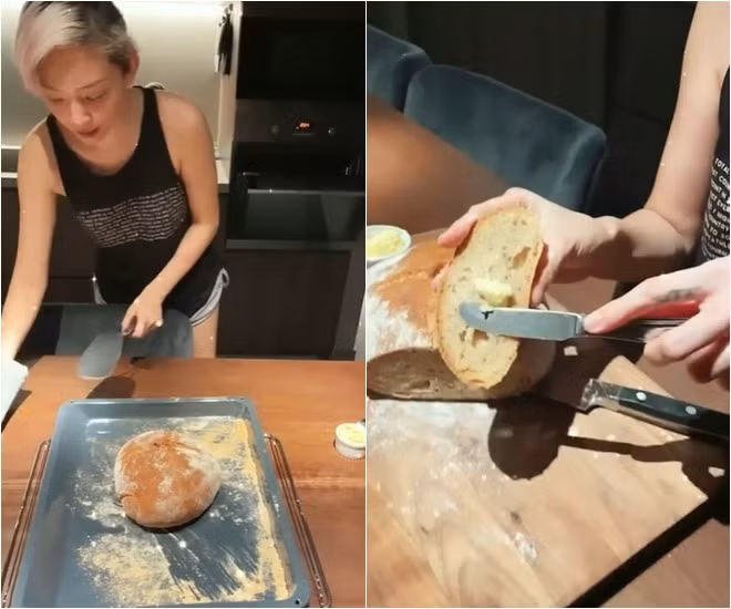 Nữ ca sĩ còn trổ tài làm bánh mì nguyên cám “healthy” cho gia đình.