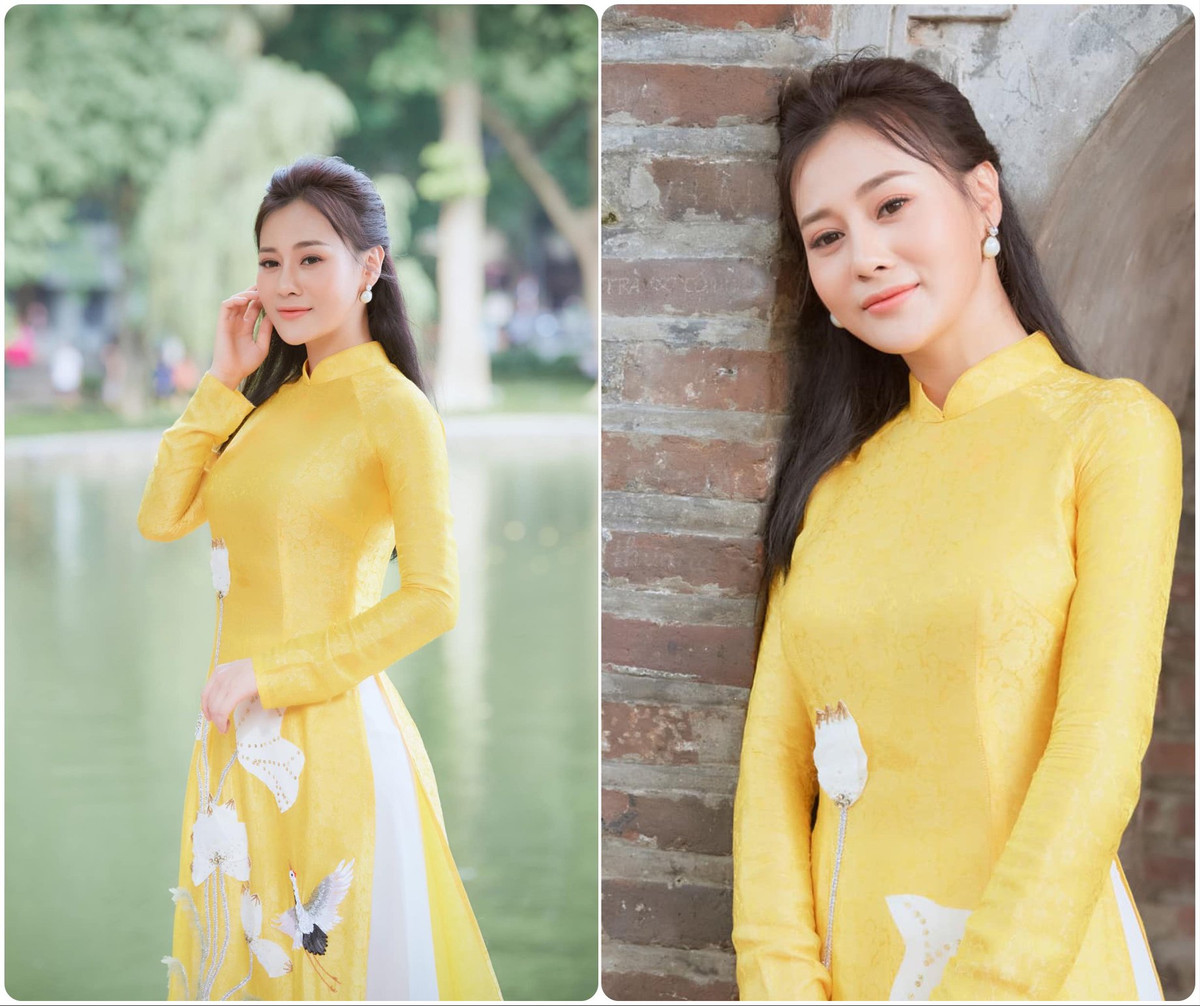 Nữ diễn viên Phương Oanh dịu dàng đằm thắm với chiếc áo dài vàng thêu hoa sen.
