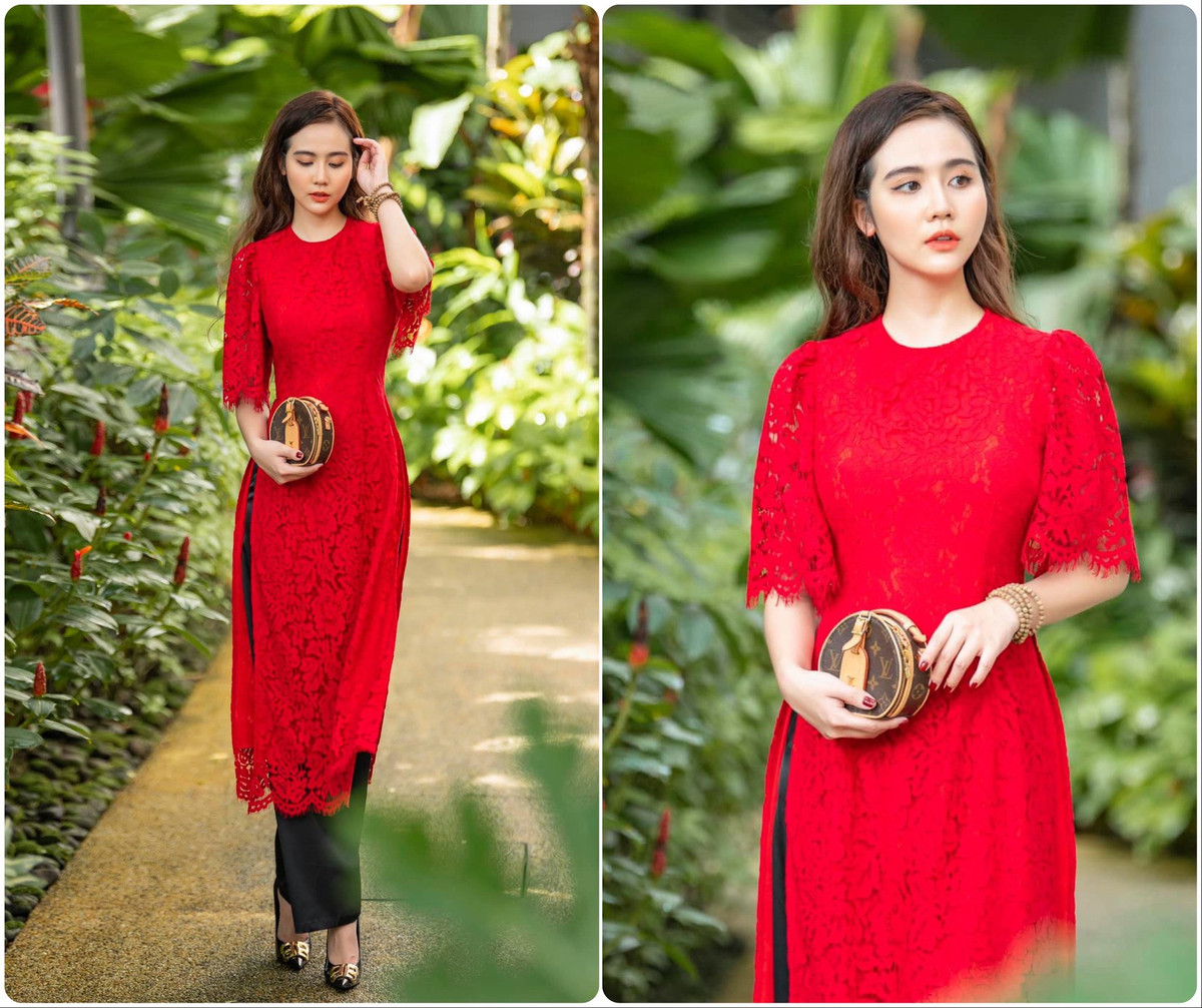 Diễn viên Huyền Lizzie nổi bật với tà áo dài đỏ chất liệu ren nhẹ nhàng. 