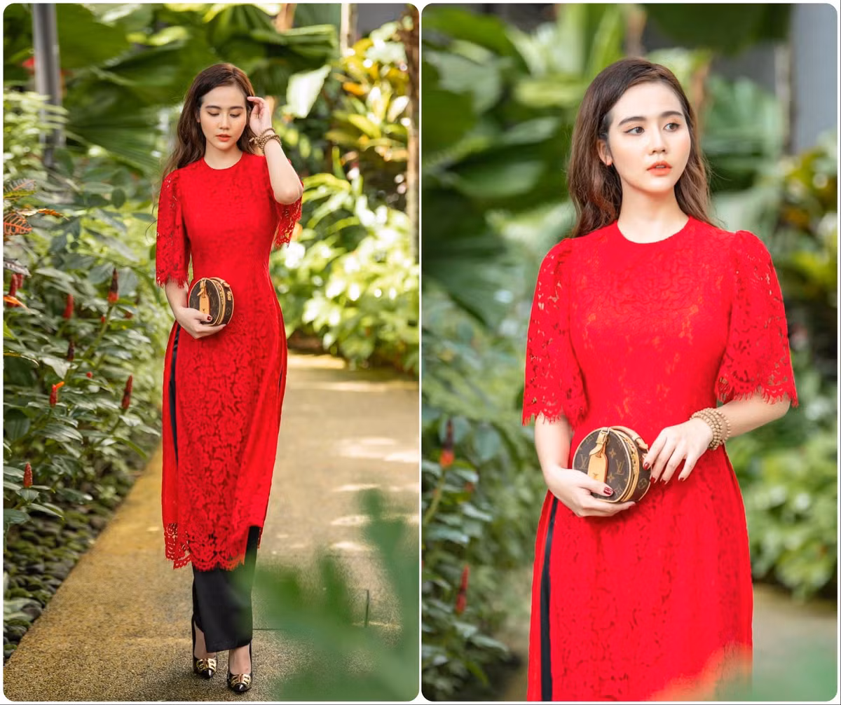Diễn viên Huyền Lizzie nổi bật với tà áo dài đỏ chất liệu ren nhẹ nhàng. 
