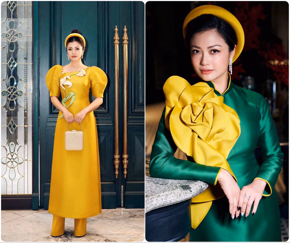 Chiếc áo dài với điểm nhấn tay bồng hay bông hoa đính trên ngực mang đến sự phong cách, nổi bật cho nữ diễn viên Kiều Anh. Ảnh: VTV Giải trí.