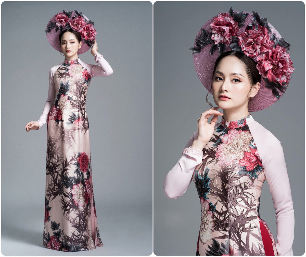 Diễn viên Lan Phương chọn chiếc áo dài họa tiết hoa lá sang trọng, quý phái.
