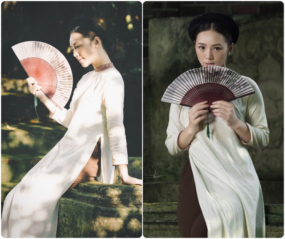 Diễn viên Quỳnh Kool e ấp trong tà áo dài cổ điển giản dị.