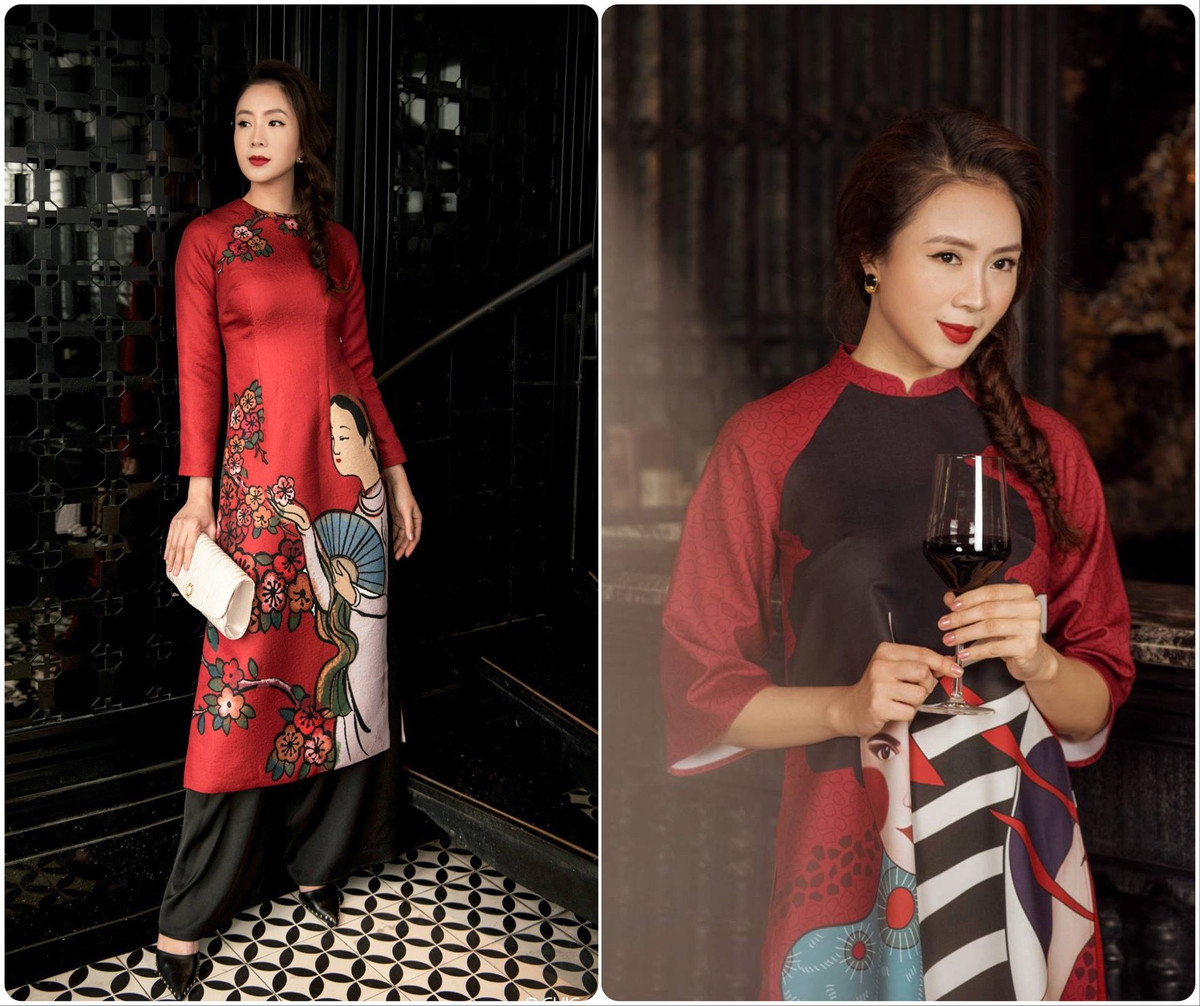 Diễn viên Hồng Diễm diện áo dài đỏ in họa tiết độc đáo dịp cận Tết.