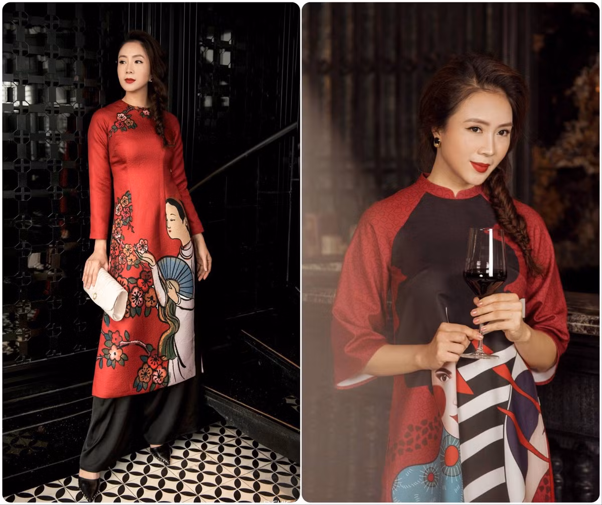 Diễn viên Hồng Diễm diện áo dài đỏ in họa tiết độc đáo dịp cận Tết.