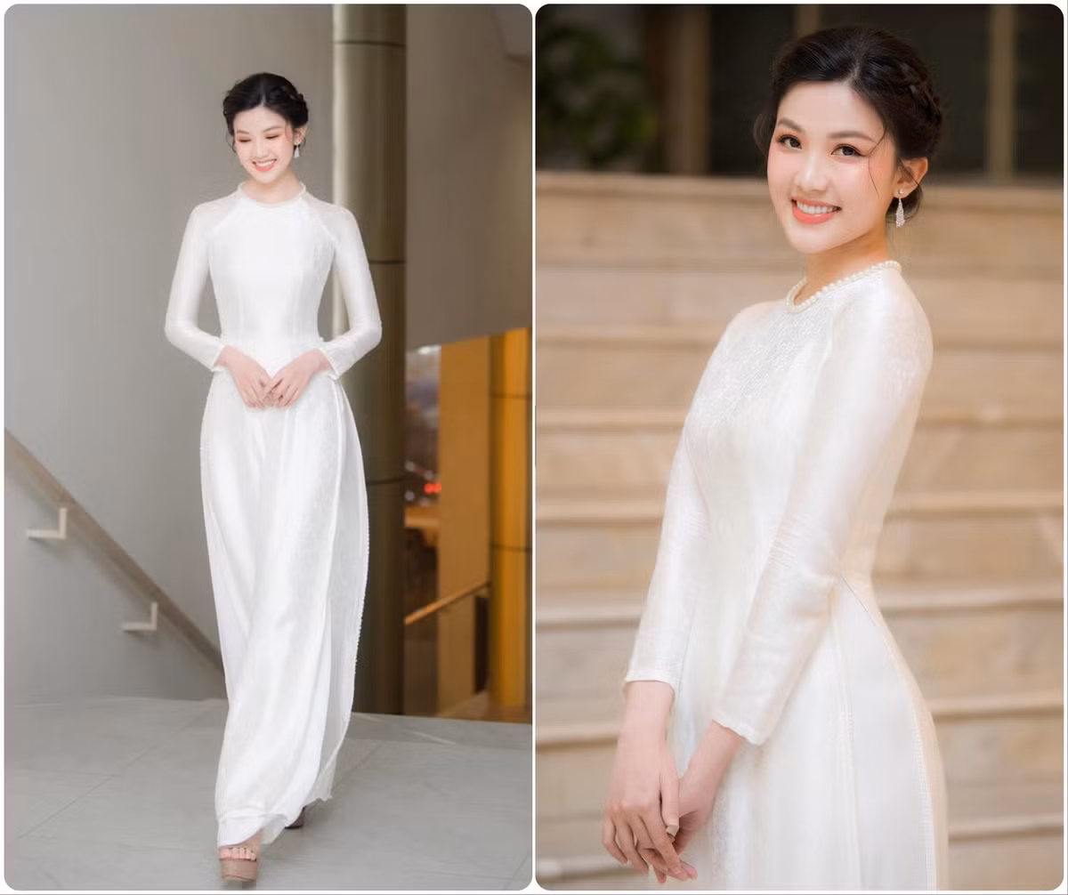 Diễn viên Lương Thanh trẻ trung với áo dài trắng tinh tươm.