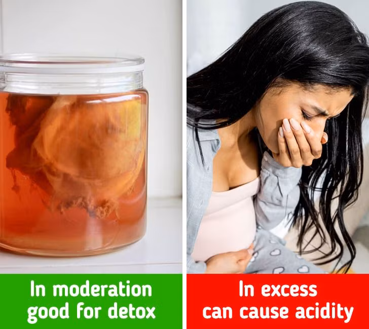 Kombucha là một loại trà ngọt lên men có chứa nhiều chất chống oxy hóa và men vi sinh. Thức uống này được coi là một loại siêu thực phẩm lành mạnh và là đồ uống giải độc. Tuy nhiên, kombucha không phải là thức uống có lợi cho những người có hệ thống miễn dịch kém do nó chứa các loại vi khuẩn và nấm men khác nhau. Uống quá nhiều kombucha có thể gây khó chịu trong dạ dày, ợ chua. Chưa kể, loại trà này có chứa lượng đường cao, uống nhiều cũng gây tăng cân.