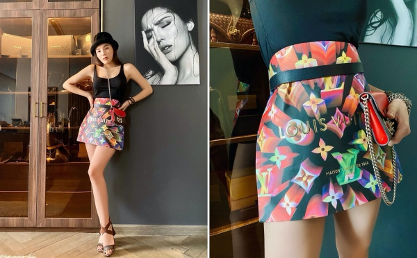 Hoa hậu Kỳ Duyên cũng dùng túi giấy Louis Vuitton làm set trang phục sành điệu khi kết hợp cùng áo tank-top và clutch.