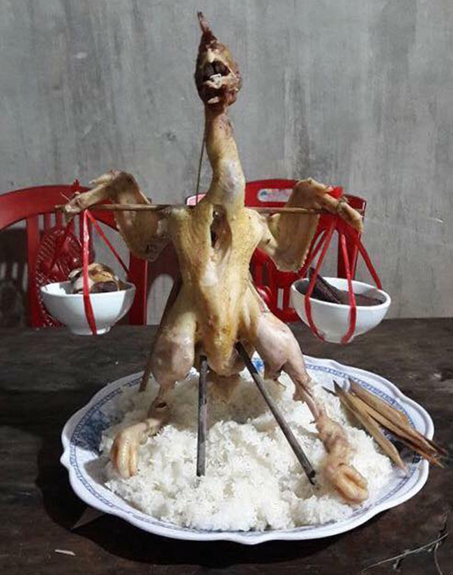 Chú gà cúng có vẻ quá mệt mỏi vì phải gánh vác trên vai cả gánh đồ.