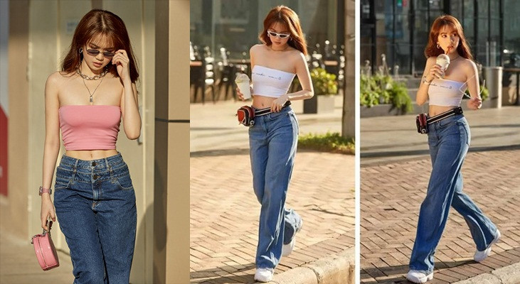 Kiểu áo quây sexy ngắn cũn, mỏng manh giúp Ngọc Trinh khoe vòng eo thon và xương quai xanh gợi cảm.