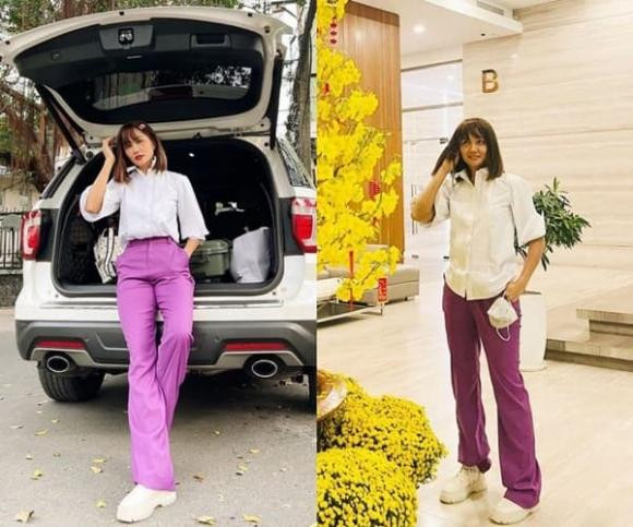 Vào mùng 1 Tết, H’Hen Niê diện set đồ trendy cùng quần âu tím và áo sơ mi trắng. Tuy nhiên, sau mâm cỗ trưa, cô chia sẻ tình trạng tháo áo ra khỏi quần vì ăn quá no.