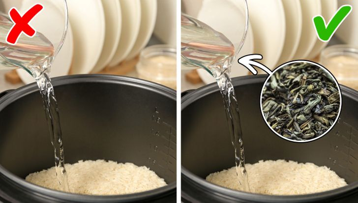 6. Nấu cơm với nước trà xanh: Gạo và các loại ngũ cốc khác đều tốt khi nấu trong nước. Tuy nhiên để tăng hương vị và lợi ích sức khỏe, bạn có thể nấu cơm và ngũ cốc bằng nước trà xanh. Trà xanh sẽ giúp ngũ cốc có nhiều chất chống oxy hóa, cải thiện tinh thần tỉnh táo, giảm các triệu chứng tiêu hóa và thúc đẩy giảm cân.