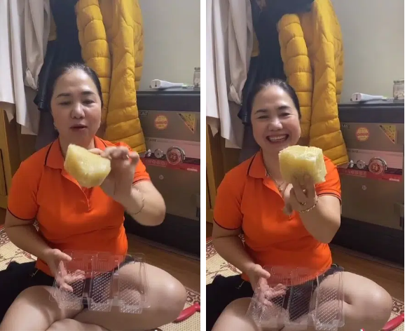 Người mẹ đi chơi về thấy cô con gái bổ bưởi như miếng bánh. Mặc dù cười thế thôi nhưng trong lòng chắc mẹ cũng lo lắng không biết con lấy nổi chồng không nữa