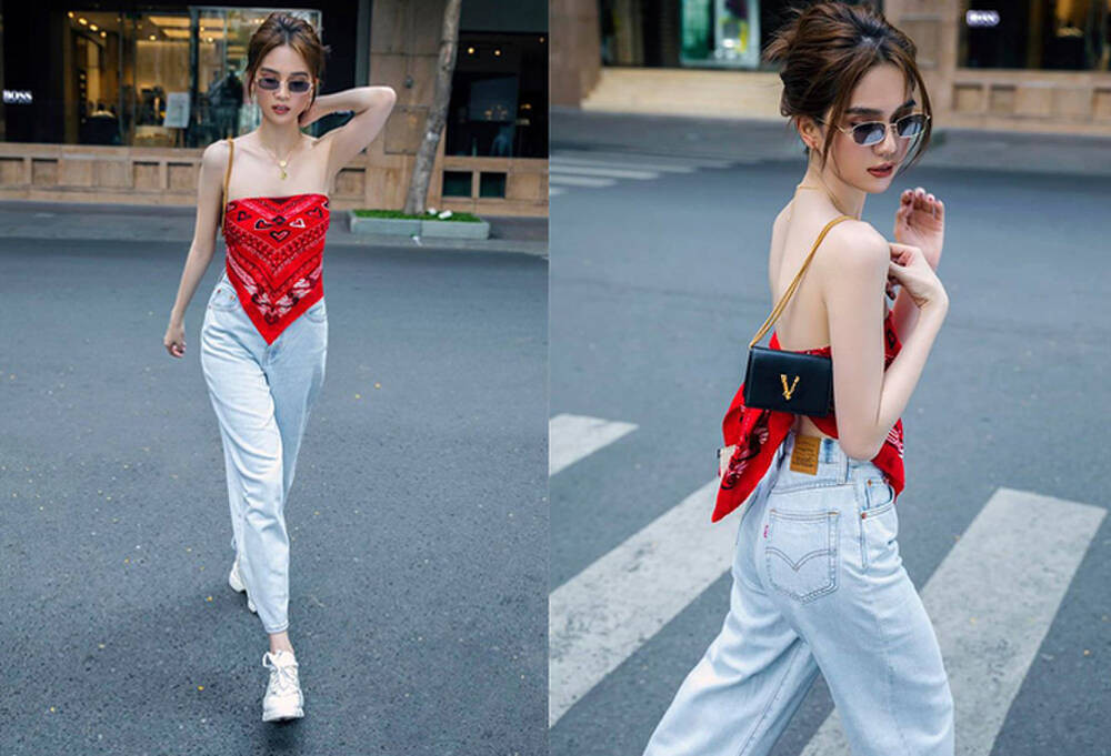 Ngọc Trinh tự tin dạo phố với chiếc áo làm từ khăn họa tiết rực rỡ.