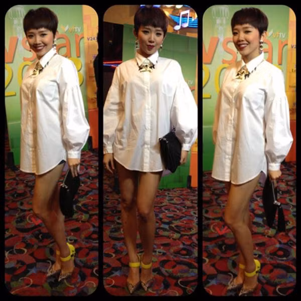 Diện sơ mi "quên" quần đi sự kiện, Tóc Tiên thành công khi khoe được lợi thế chân thon. Tuy nhiên chiếc áo rộng lùng bùng đã nhấn chìm đường cong nóng bỏng của nữ ca sĩ.