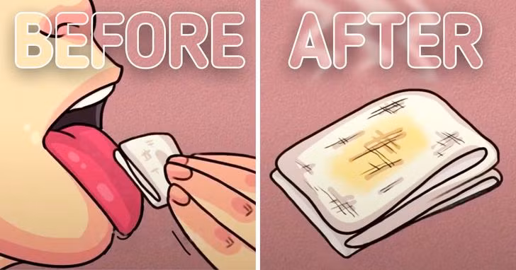 4. Lau bề mặt lưỡi bằng một miếng gạc: Dùng gạc sạch lau bề mặt lưỡi của bạn, sau đó nhìn vào miếng gạc. Nó có lớp phủ màu vàng không? Điều đó có nghĩa là hơi thở có mùi và nó là do sản xuất sunfua ở mức độ cao. Bạn cũng có thể thử nghiệm bằng khăn giấy.