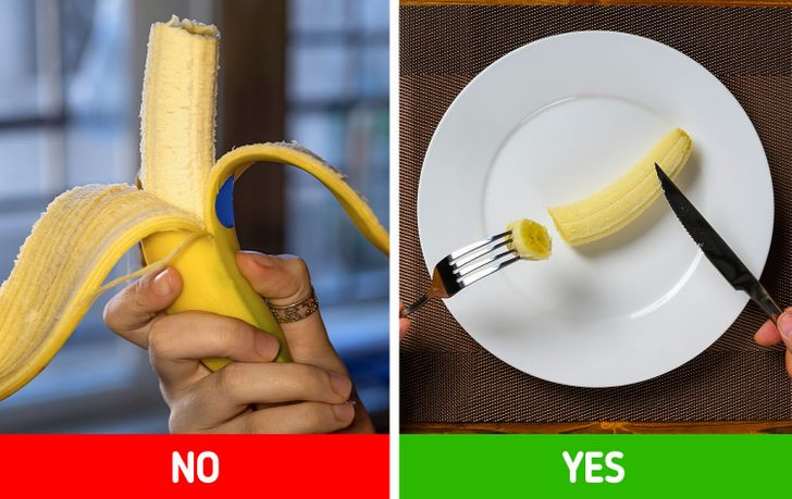 6. Nữ hoàng không bóc chuối ăn cả quả. Ngay cả khi tất cả chúng ta đều bóc vỏ một quả chuối để ăn, Nữ hoàng Elizabeth có một cách ăn khá khác biệt. Đầu tiên, bà dùng nĩa và dao để cắt phần trên và phần dưới. Sau đó, bà cắt vỏ từ đầu này sang đầu kia và nhấc nó ra. Sau đó, Nữ hoàng cắt chuối thành từng miếng nhỏ theo chiều dài và dùng nĩa để thưởng thức.