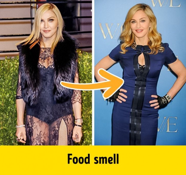 Madonna: Dù đã ngoài 60 nhưng Madonna vẫn giữ được thân hình đẹp ấn tượng, bí quyết của cô là nấu thức ăn nhưng chỉ ngửi và chỉ uống nước súp loãng với muối. Tất nhiên không phải lúc nào Madonna cũng ăn uống như vậy nhưng cô sẽ áp dụng phương pháp này khi cần.