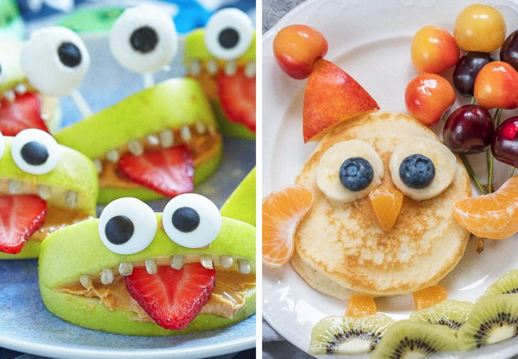 2. Biến thức ăn thành những hình thù vui nhộn: Không gì khiến trẻ thích thú hơn khi thức ăn của chúng có hình thù ngộ nghĩnh. Động vật, phim hoạt hình, số, chữ cái, hoặc thậm chí là khủng long có thể làm được điều đó. Một bữa ăn trông dễ thương có thể tạo ra tất cả sự khác biệt trong việc trẻ chú ý đến các món ăn và ăn chúng ngon lành.