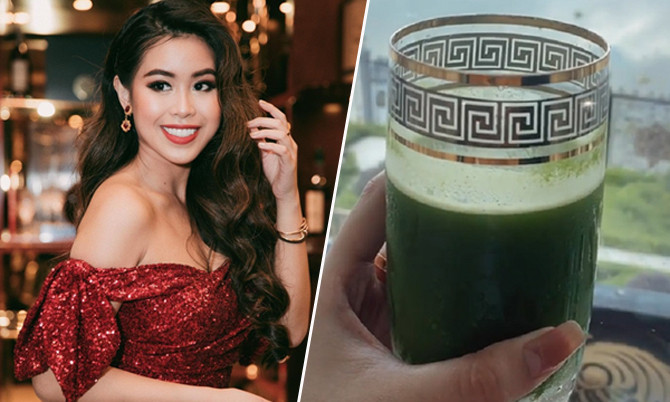 Rich kid Tiên Nguyễn cũng áp dụng công thức cần tây cùng gừng và nước cốt chanh mỗi sáng có tác dụng thanh lọc cơ thể, tăng cường hệ tiêu hóa...